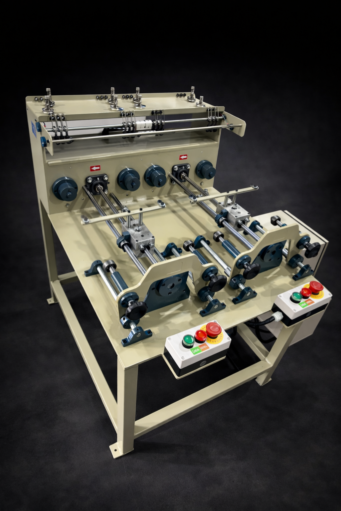 Máquinas trançadeiras - Máquina industrial com controles e cilindros.