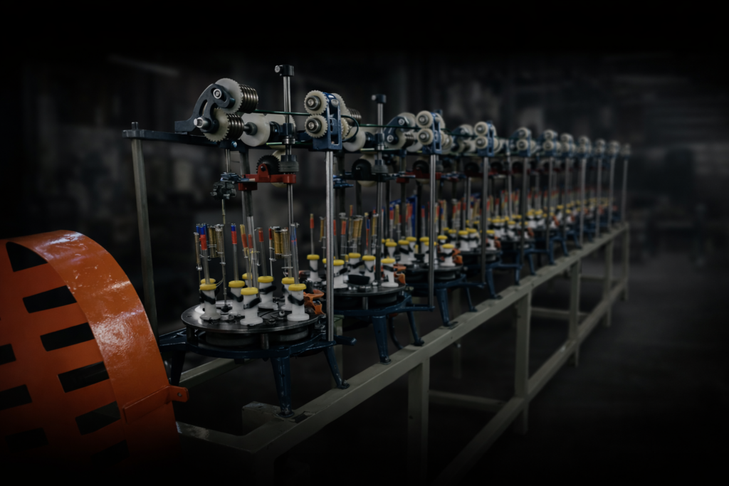 Máquinas trançadeiras - Máquina industrial com peças em movimento